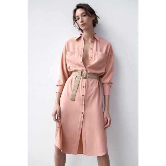 ZARA OVERSIZE DRESS WITH BELT PALE PINK - Picture 1 of 8